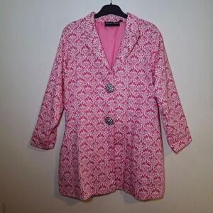 Erma's Closet Womens XS Coat Pink White Damask Rhinestone Button Jacket